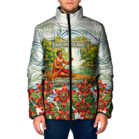 Fiji Taveuni Island Dateline Crossing Padded Jacket Tropical Cultural Landscape With Tagimoucia Floral Pattern TS04 Men White Green - Polynesian Pride