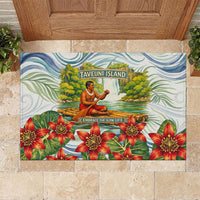 Fiji Taveuni Island Dateline Crossing Rubber Doormat Tropical Cultural Landscape With Tagimoucia Floral Pattern TS04 White Green - Polynesian Pride