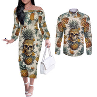 Pineapple Skull Couples Matching Off The Shoulder Long Sleeve Dress and Long Sleeve Button Shirts Summer Paradise TS04 - Polynesian Pride