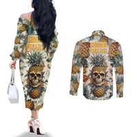 Pineapple Skull Couples Matching Off The Shoulder Long Sleeve Dress and Long Sleeve Button Shirts Summer Paradise TS04 Multicolor - Polynesian Pride