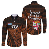 Straight Outta Kadavu Fiji Family Matching Mermaid Dress and Hawaiian Shirt Tribal Polynesian Tattoo Coat Of Arms Flag TS04 Dad's Shirt - Long Sleeve Brown Black - Polynesian Pride