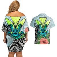Polynesian Hawaii Couples Matching Off Shoulder Short Dress and Hawaiian Shirt Kanaka with Crab Tribal tattoo TS04 - Polynesian Pride