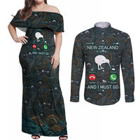 New Zealand is Calling and I Must Go Couples Matching Off Shoulder Maxi Dress and Long Sleeve Button Shirt Kiwi Bird Silhouette TS04 Multicolor - Polynesian Pride