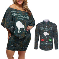 New Zealand is Calling and I Must Go Couples Matching Off Shoulder Short Dress and Long Sleeve Button Shirt Kiwi Bird Silhouette TS04 Multicolor - Polynesian Pride