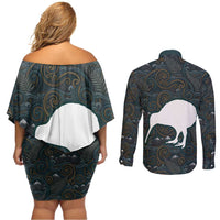 New Zealand is Calling and I Must Go Couples Matching Off Shoulder Short Dress and Long Sleeve Button Shirt Kiwi Bird Silhouette TS04 - Polynesian Pride