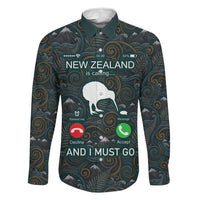 New Zealand is Calling and I Must Go Family Matching Off Shoulder Short Dress and Hawaiian Shirt Kiwi Bird Silhouette TS04 Dad's Shirt - Long Sleeve Multicolor - Polynesian Pride