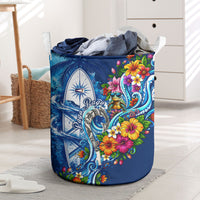 American Samoa Pago Pago Laundry Basket Sea Turtle And Fruit Bat - Tropical Hibiscus Flowers Polynesian TS04 Blue White - Polynesian Pride