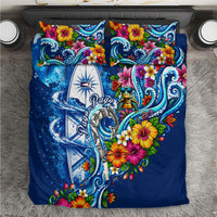 American Samoa Pago Pago Bedding Set Sea Turtle And Fruit Bat - Tropical Hibiscus Flowers Polynesian TS04 Blue White - Polynesian Pride