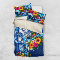 American Samoa Pago Pago Bedding Set Sea Turtle And Fruit Bat - Tropical Hibiscus Flowers Polynesian TS04 US Twin 172cm x 218cm Blue White - Polynesian Pride