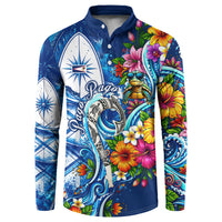 American Samoa Pago Pago Button Sweatshirt Sea Turtle And Fruit Bat - Tropical Hibiscus Flowers Polynesian TS04 Blue White - Polynesian Pride