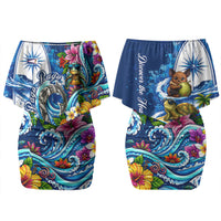 American Samoa Pago Pago Couples Matching Off Shoulder Short Dress and Hawaiian Shirt Sea Turtle And Fruit Bat - Tropical Hibiscus Flowers Polynesian TS04 - Polynesian Pride