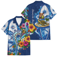 American Samoa Pago Pago Family Matching Long Sleeve Bodycon Dress and Hawaiian Shirt Sea Turtle And Fruit Bat - Tropical Hibiscus Flowers Polynesian TS04 Dad's Shirt - Short Sleeve Blue White - Polynesian Pride
