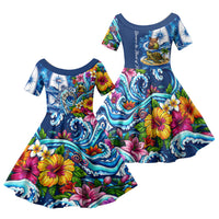 American Samoa Pago Pago Family Matching Short Sleeve Bodycon Dress and Hawaiian Shirt Sea Turtle And Fruit Bat - Tropical Hibiscus Flowers Polynesian TS04 Daughter's Dress Blue White - Polynesian Pride