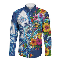 American Samoa Pago Pago Long Sleeve Button Shirt Sea Turtle And Fruit Bat - Tropical Hibiscus Flowers Polynesian TS04 Unisex Blue White - Polynesian Pride