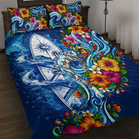 American Samoa Pago Pago Quilt Bed Set Sea Turtle And Fruit Bat - Tropical Hibiscus Flowers Polynesian TS04 Blue White - Polynesian Pride