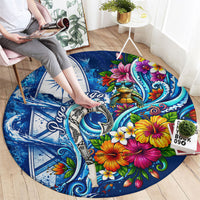 American Samoa Pago Pago Round Carpet Sea Turtle And Fruit Bat - Tropical Hibiscus Flowers Polynesian TS04 - Polynesian Pride