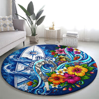American Samoa Pago Pago Round Carpet Sea Turtle And Fruit Bat - Tropical Hibiscus Flowers Polynesian TS04 - Polynesian Pride