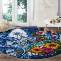 American Samoa Pago Pago Round Carpet Sea Turtle And Fruit Bat - Tropical Hibiscus Flowers Polynesian TS04 - Polynesian Pride