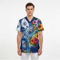 American Samoa Pago Pago Scrub Top Sea Turtle And Fruit Bat - Tropical Hibiscus Flowers Polynesian TS04 - Polynesian Pride