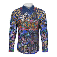 American Samoa Warrior Long Sleeve Button Shirt Polynesian Fruit Bat Talofa Urban Graffiti Street Art TS04 Unisex Blue Yellow - Polynesian Pride