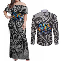 Chur Bro Shaka Sign Couples Matching Off Shoulder Maxi Dress and Long Sleeve Button Shirt New Zealand Koru Colorful Graffiti Splash TS04 Multicolor - Polynesian Pride