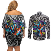 Chur Bro Shaka Sign Couples Matching Off Shoulder Short Dress and Long Sleeve Button Shirt New Zealand Koru Colorful Graffiti Splash TS04 - Polynesian Pride