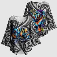 Chur Bro Shaka Sign Kimono Sleeve Blouse New Zealand Koru Colorful Graffiti Splash