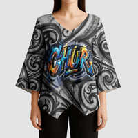 Chur Bro Shaka Sign Kimono Sleeve Blouse New Zealand Koru Colorful Graffiti Splash