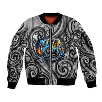 Chur Bro Shaka Sign Sleeve Zip Bomber Jacket New Zealand Koru Colorful Graffiti Splash