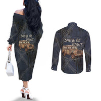 New Zealand She’ll Be Right Couples Matching Off The Shoulder Long Sleeve Dress and Long Sleeve Button Shirt NZ Slang No. 8 Wire Map Pattern