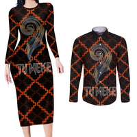 Tu Meke Maori New Zealand Slang Couples Matching Long Sleeve Bodycon Dress and Long Sleeve Button Shirt with Glow Neon Step Style TS04 Black Orange - Polynesian Pride