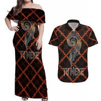 Tu Meke Maori New Zealand Slang Couples Matching Off Shoulder Maxi Dress and Hawaiian Shirt with Glow Neon Step Style TS04 Black Orange - Polynesian Pride