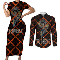 Tu Meke Maori New Zealand Slang Couples Matching Short Sleeve Bodycon Dress and Long Sleeve Button Shirt with Glow Neon Step Style TS04 Black Orange - Polynesian Pride