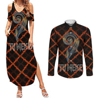 Tu Meke Maori New Zealand Slang Couples Matching Summer Maxi Dress and Long Sleeve Button Shirt with Glow Neon Step Style TS04 Black Orange - Polynesian Pride