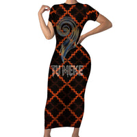 Tu Meke Maori New Zealand Slang Short Sleeve Bodycon Dress with Glow Neon Step Style TS04 Long Dress Black Orange - Polynesian Pride