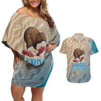 Kiwi Jandal Beach Life Couples Matching Off Shoulder Short Dress and Hawaiian Shirt New Zealand Flip Flops Ocean Wave Surf Style TS04 Beige Cyan - Polynesian Pride