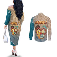 Kiwi Jandal Beach Life Couples Matching Off The Shoulder Long Sleeve Dress and Long Sleeve Button Shirt New Zealand Flip Flops Ocean Wave Surf Style TS04 - Polynesian Pride