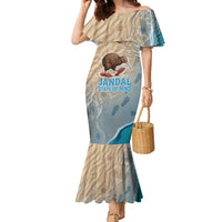 Kiwi Jandal Beach Life Family Matching Mermaid Dress and Hawaiian Shirt New Zealand Flip Flops Ocean Wave Surf Style TS04 Mom's Dress Beige Cyan - Polynesian Pride