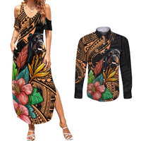 Polynesian Rottweiler Couples Matching Summer Maxi Dress and Long Sleeve Button Shirts Polynesian Pattern And Rottweiler TS04 Black - Polynesian Pride