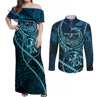 Chuuk Deep Into Truk Lagoon Couples Matching Off Shoulder Maxi Dress and Long Sleeve Button Shirt Polynesian Tribal Pattern Wreck Diving Teal Ship Art TS04 Blue Black - Polynesian Pride