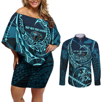 Chuuk Deep Into Truk Lagoon Couples Matching Off Shoulder Short Dress and Long Sleeve Button Shirt Polynesian Tribal Pattern Wreck Diving Teal Ship Art TS04 Blue Black - Polynesian Pride