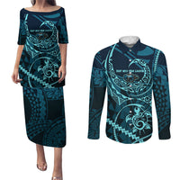 Chuuk Deep Into Truk Lagoon Couples Matching Puletasi and Long Sleeve Button Shirt Polynesian Tribal Pattern Wreck Diving Teal Ship Art TS04 Blue Black - Polynesian Pride
