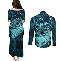 Chuuk Deep Into Truk Lagoon Couples Matching Puletasi and Long Sleeve Button Shirt Polynesian Tribal Pattern Wreck Diving Teal Ship Art TS04 - Polynesian Pride