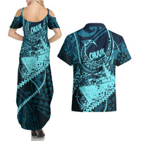 Chuuk Deep Into Truk Lagoon Couples Matching Summer Maxi Dress and Hawaiian Shirt Polynesian Tribal Pattern Wreck Diving Teal Ship Art