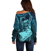 Chuuk Deep Into Truk Lagoon Off Shoulder Sweater Polynesian Tribal Pattern Wreck Diving Teal Ship Art TS04 - Polynesian Pride