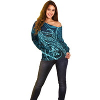 Chuuk Deep Into Truk Lagoon Off Shoulder Sweater Polynesian Tribal Pattern Wreck Diving Teal Ship Art TS04 - Polynesian Pride