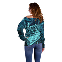 Chuuk Deep Into Truk Lagoon Off Shoulder Sweater Polynesian Tribal Pattern Wreck Diving Teal Ship Art TS04 - Polynesian Pride