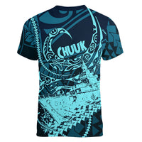 Chuuk Deep Into Truk Lagoon Women V-Neck T-Shirt Polynesian Tribal Pattern Wreck Diving Teal Ship Art TS04 - Polynesian Pride