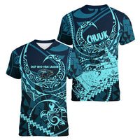 Chuuk Deep Into Truk Lagoon Women V-Neck T-Shirt Polynesian Tribal Pattern Wreck Diving Teal Ship Art TS04 - Polynesian Pride