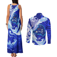 Chuuk Micronesian Roots Couples Matching Tank Maxi Dress and Long Sleeve Button Shirt Polynesian Tribal Pattern Hibiscus Flower And Stingray Art